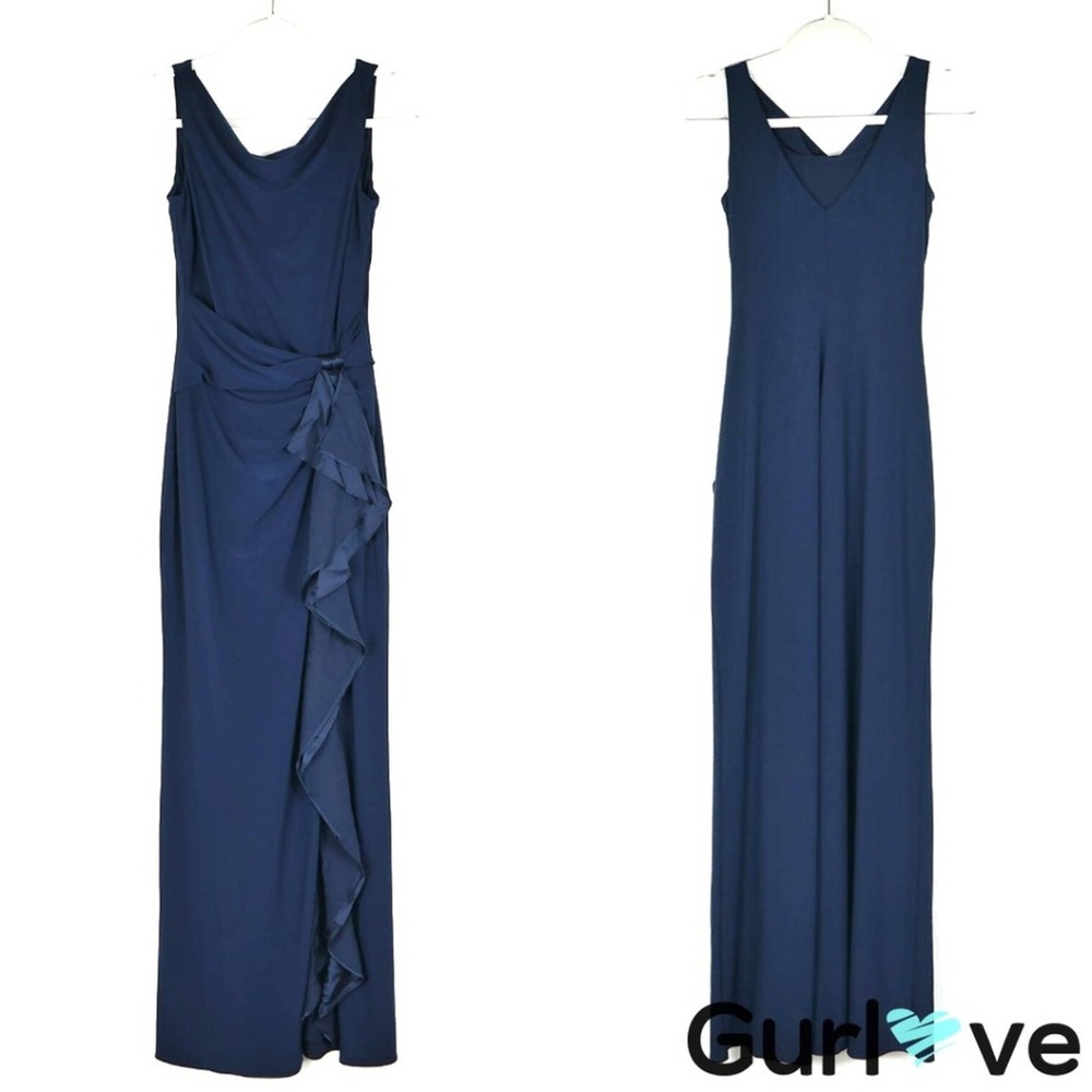 LRL Evening Sz 2 Navy Cowl Neck Ruffle Maxi Dress